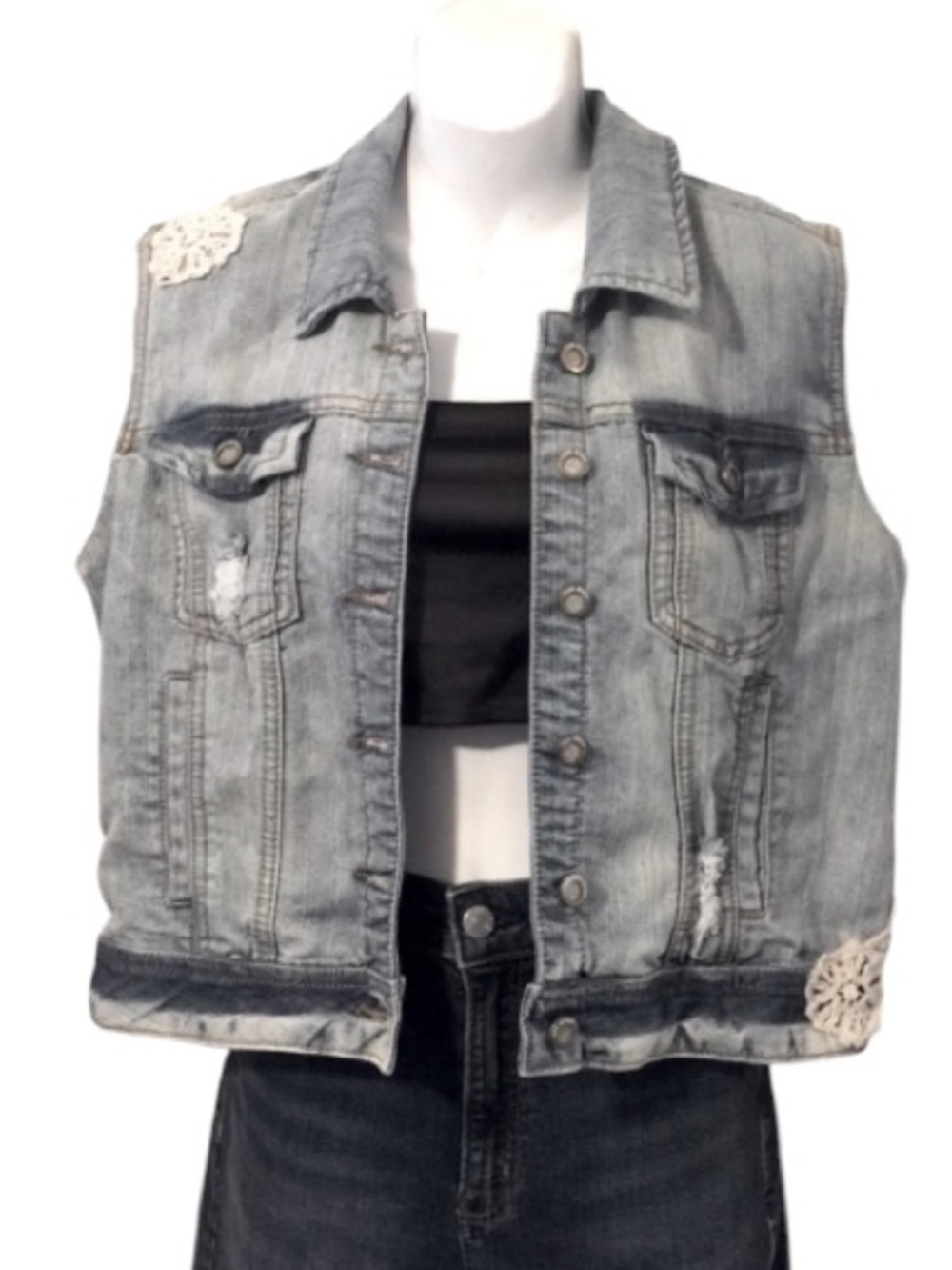 Light Blue Women’s Distressed Washed Lace Embellished Denim Vest 1st Kiss L